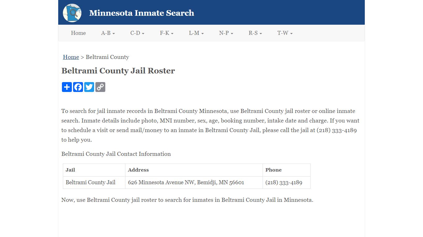 Beltrami County Jail Roster - Minnesota Inmate Search